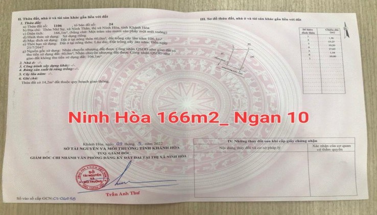 Chính chủ bán lô đất đẹp, mặt tiền đường bê tông xã Ninh Thân - Ninh Hòa